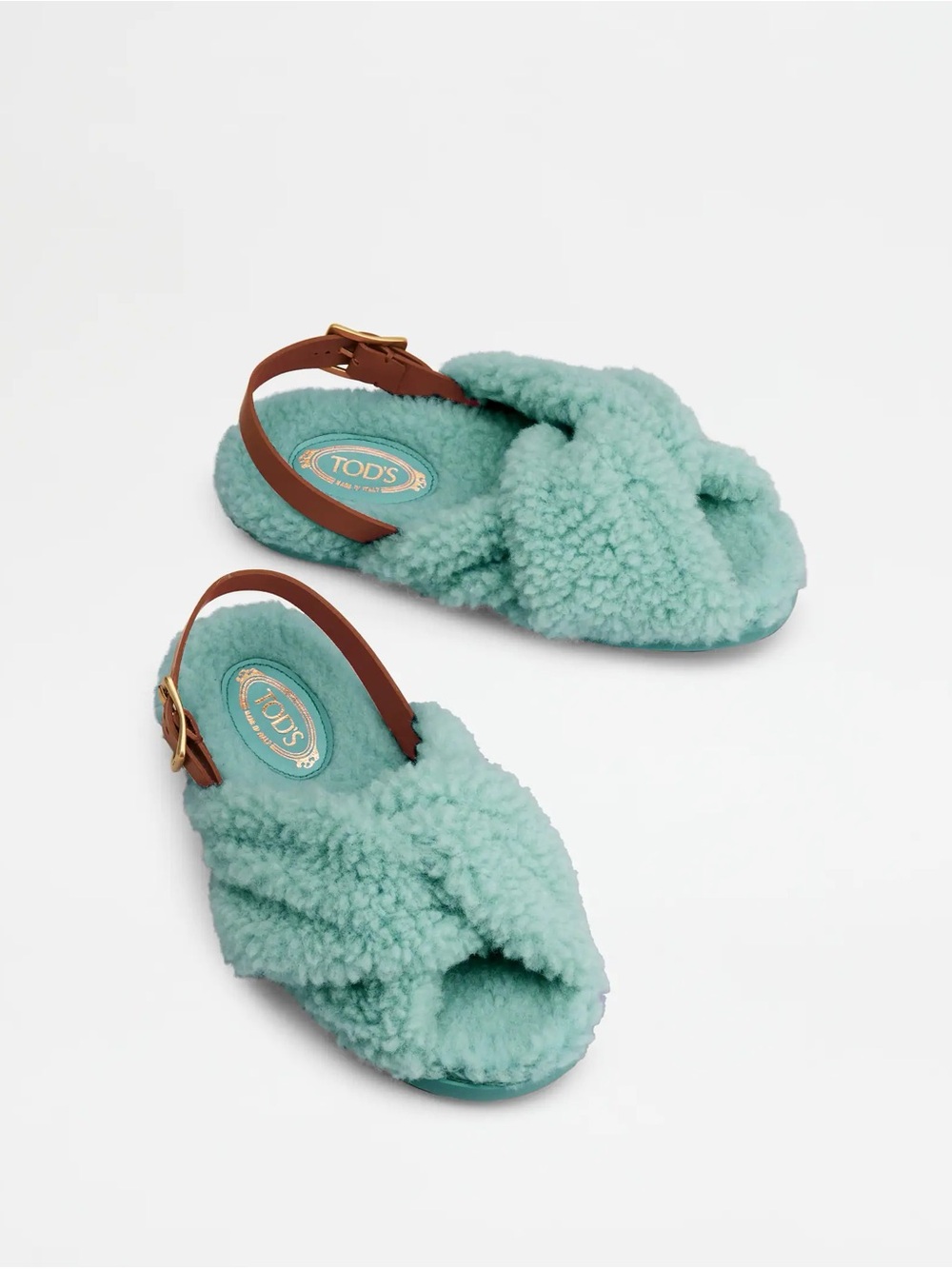 Tod's Sky Blye Shearling Sandals with Brown Leather Strap
